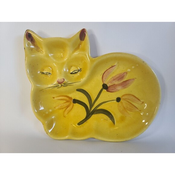 Los Angeles Potteries California Hand Painted Yellow Cat Dish 83-C-7.25”x6” - Picture 1 of 5